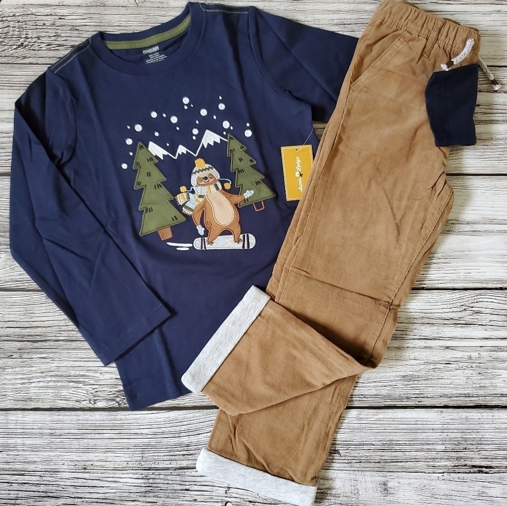 Gymboree Boys Holiday Winter Set Skiing Sloth and Matching Pants Aspen Lodge